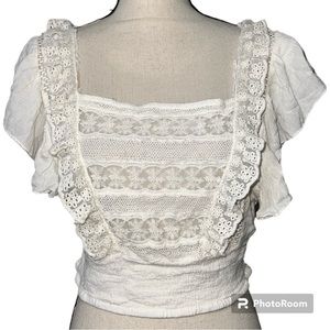 Free People small ruffle crop top ivory creme square neck eyelet fishnet pattern